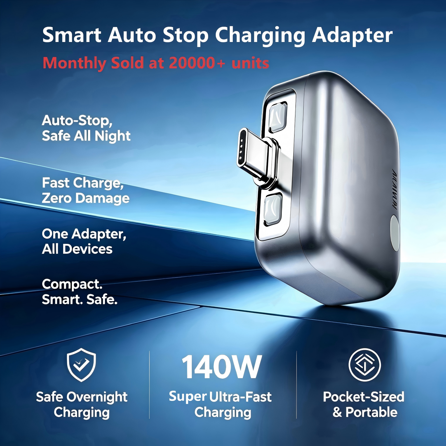 140W USB-C Smart Auto-Stop Magnetic Auto-Eject Laptop & Phone Charging Adapter with Multi-Protection